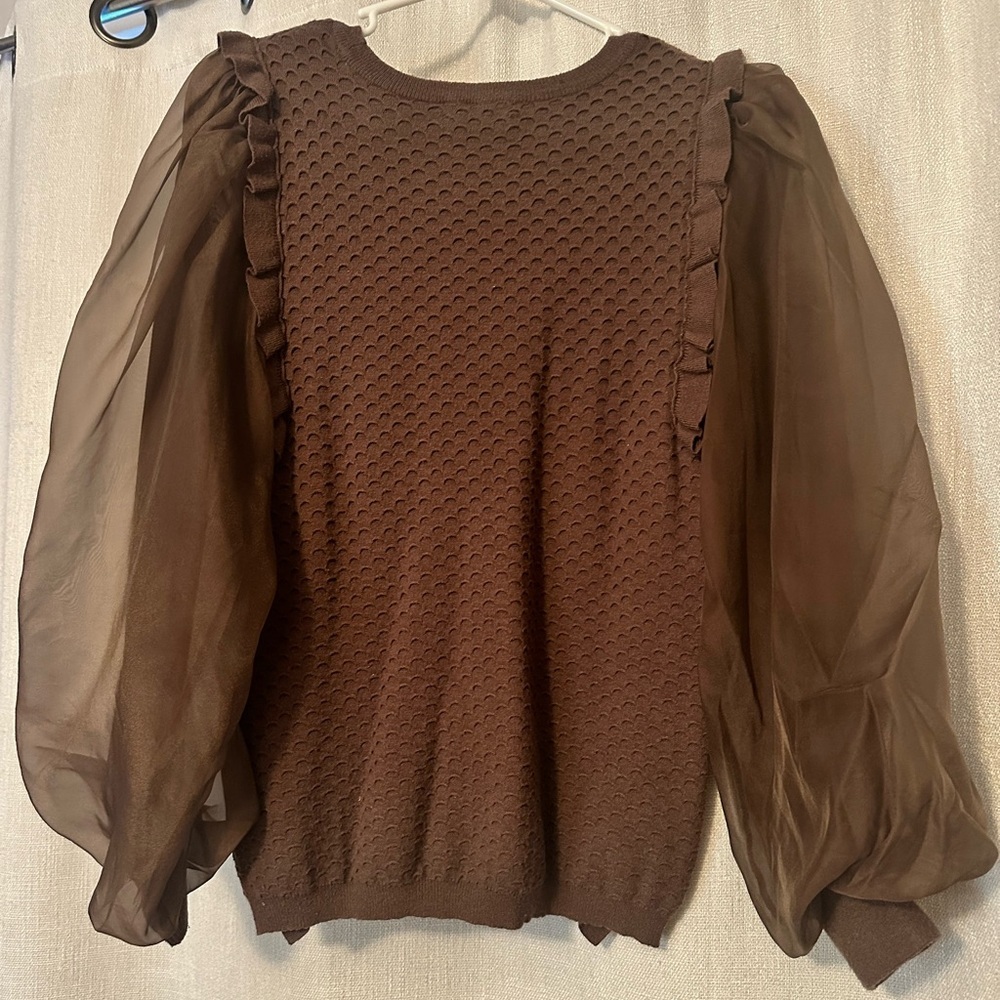 Anthropologie Chocolate Brown Puff‎ Tulle Sleeve Sweater - Picture 6 of 10